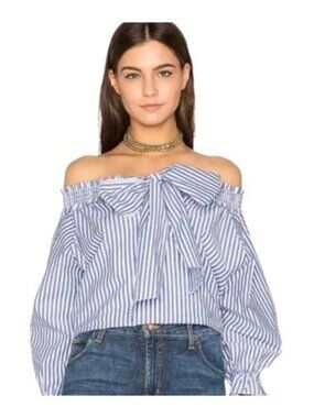 J.O.A. Women's Striped Off-Shoulder Top Blouse Size Large Blue White Striped Bow